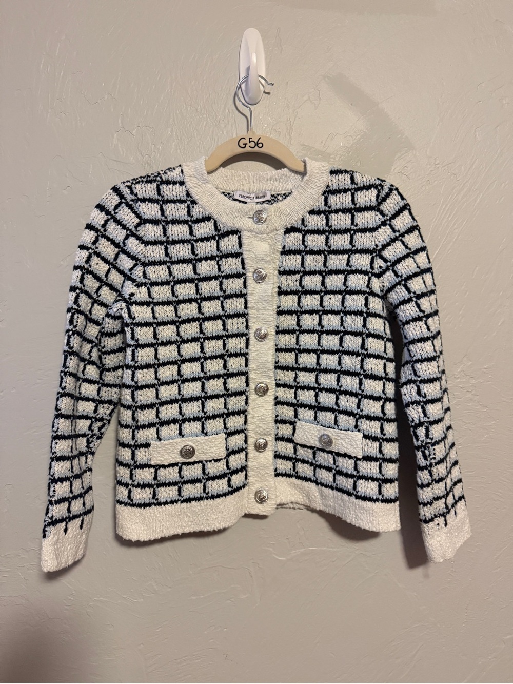 Veronica Beard Lavigne Check Knit Sweater Jacket in Blue & White Tweed Cardigan - Picture 6 of 9